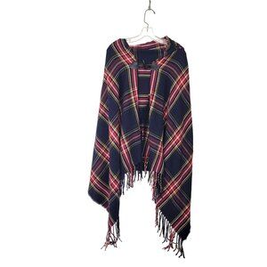 Plaid Hooded Poncho With Fringe & Toggle Closure